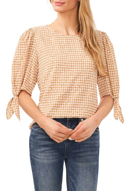 Cece Tie Sleeve Gingham Blouse In Light Sand