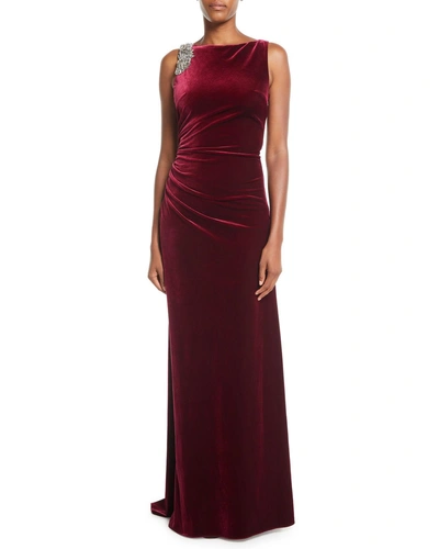 Rickie Freeman For Teri Jon Velvet Sleeveless Low-back Evening Gown W/ Embellishments In Burgundy