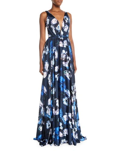 Theia Sleeveless Digital Floral-print Charmeuse Gown In Blue