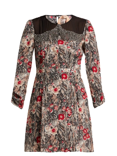 N°21 Jewel-neck Ruched-sleeve Floral-print Silk Mini Dress W/ Cutout Back In Red Multi