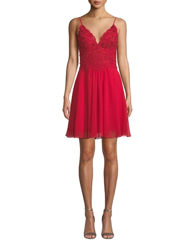 Faviana V-neck Chiffon Mini Dress W/ Lace-up Back In Red
