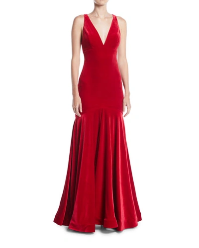 Jovani Deep V-neck Open-back Velvet Trumpet Gown