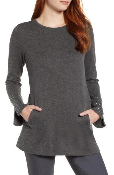 Nic + Zoe Round-neck Long-sleeve Grommet-cuff Knit Top In Graphite