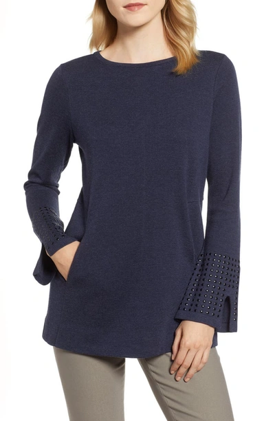 Nic + Zoe Round-neck Long-sleeve Grommet-cuff Knit Top In Dark Indigo