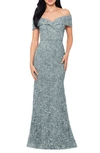 Xscape Off The Shoulder Embroidered Gown In Sage