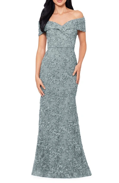 Xscape Off The Shoulder Embroidered Gown In Sage