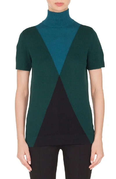 Akris Punto Sleeveless Argyle Pattern Wool-cashmere Turtleneck Sweater In Ivy/ Black