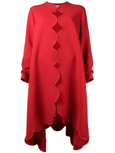 Valentino Long-sleeve Scallop-edge Mid-calf Wool Coat In Red