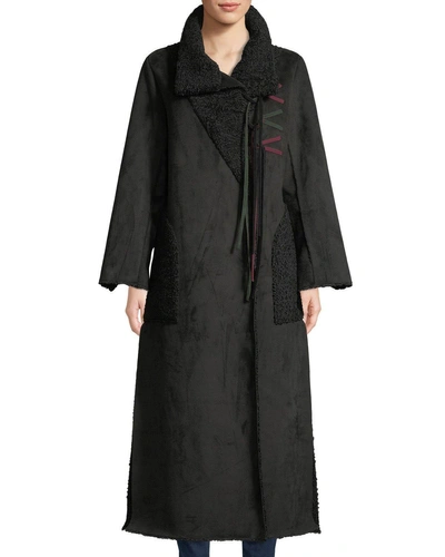 Amanda Baldan Long Tie-front Faux-suede Coat W/ Sun-catcher Embroidery In Black