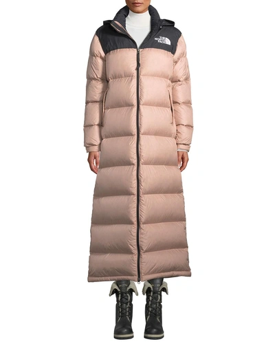 The North Face Nuptse Long Duster Puffer Coat W/ Packable Hood In Black