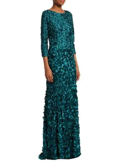 Theia Petal Embellished Tulip Gown In Peacock
