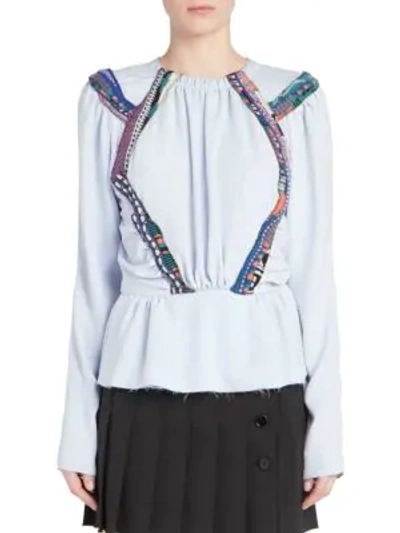 Carven Embroidered Long-sleeve Crewneck Top In Baby Blue