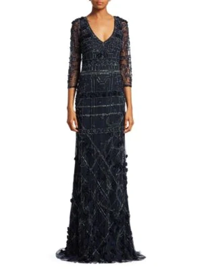 Theia Embroidered V-neck A-line Gown In Midnight