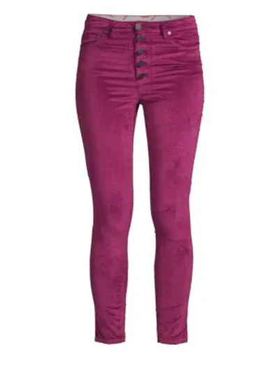 Alice And Olivia Good High-rise Button-fly Velvet Skinny Jeans In Currant