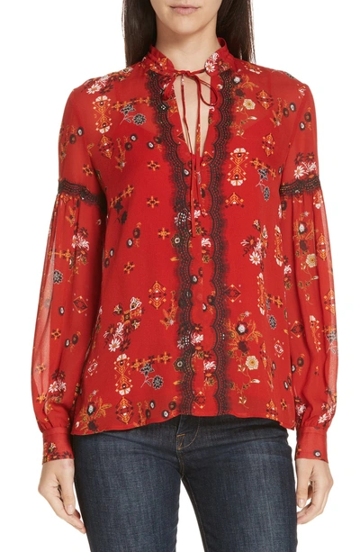 Derek Lam 10 Crosby Silk Lace Trimmed Floral Blouse In Chili Red