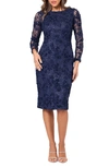 Xscape Floral Long Sleeve Sequin Lace Cocktail Dress In Navy
