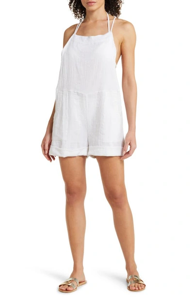 Vitamin A Ophelia Linen & Organic Cotton Cover-up Romper In White Crinkle Linen