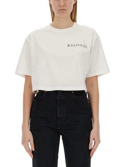 Balmain Logo Print T-shirt In Bianco