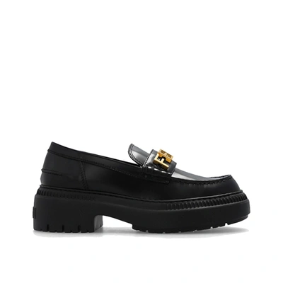 Fendi Logo Leather Loafers In Black