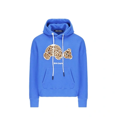 Palm Angels Leopard Print Hooded Swetshirt In Blue
