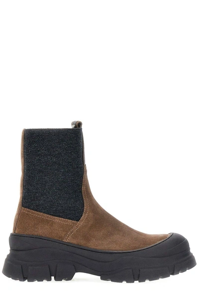 Brunello Cucinelli Monili-embellished Slip-on Ankle Boots In Brown