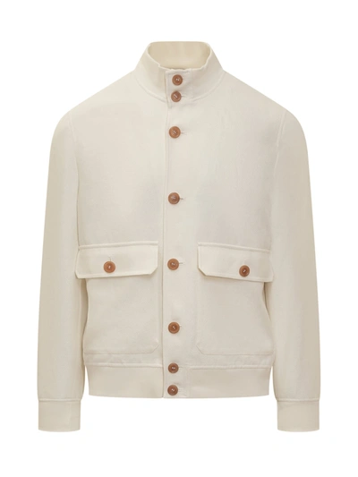 Brunello Cucinelli Wool Linen Silk Diagonal Jacket In Off White