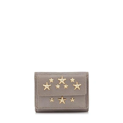 Jimmy Choo Nemo Light Khaki Pearlized Grainy Leather Small French Wallet With Gold Studs In Light Khaki/gold