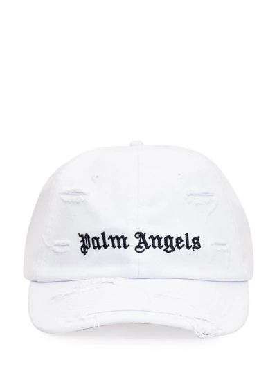 Palm Angels Ripped Cap With Logo In Bianco/nero