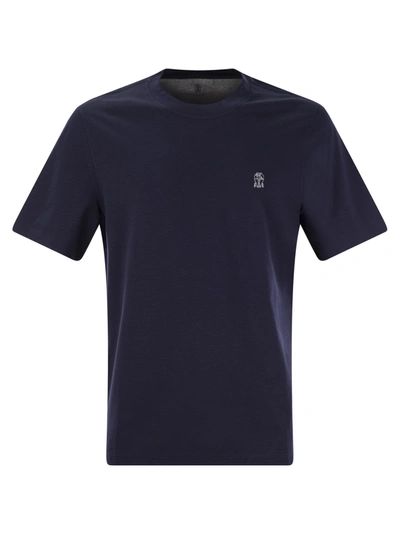 Brunello Cucinelli Slim Fit Crew-neck T-shirt In Cotton Jersey With Logo In Cobalto