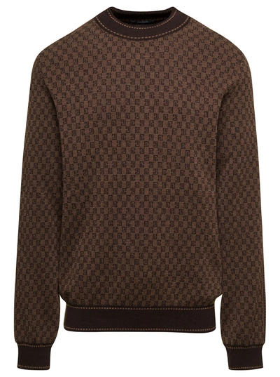 Balmain Brown Crewneck Sweater With All-over Retro Monogram Print In Stretch Wool Man In Marron/marron Foncè