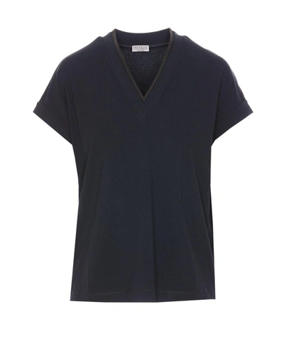 Brunello Cucinelli Embellished V-neck T-shirt In Navy