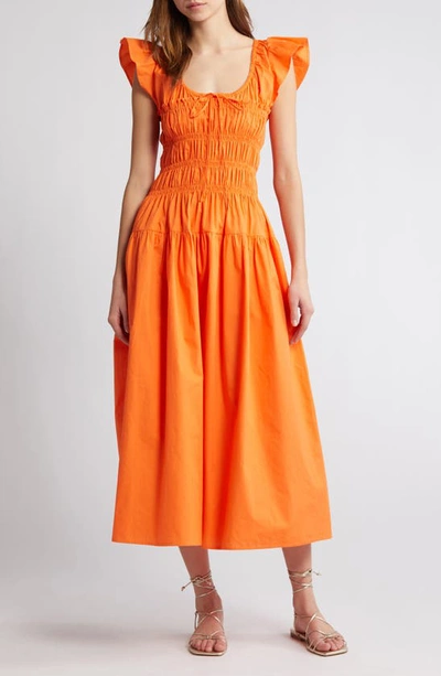Moon River Smocked Bodice Cotton Midi Dress In Orange