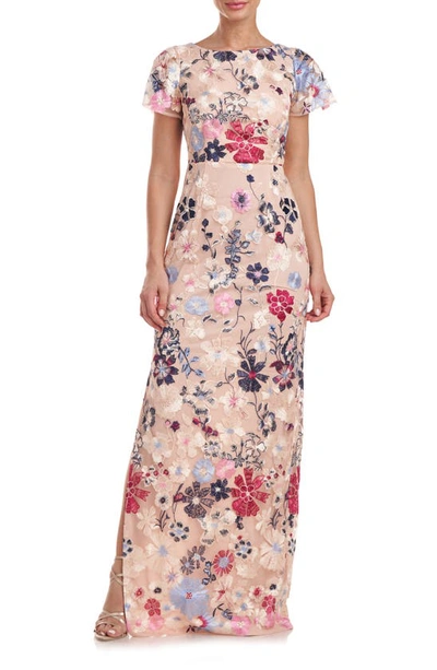 Js Collections Magnolia Floral Embroidery Gown In Rose Gold Multi