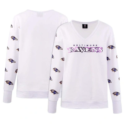 Cuce White Baltimore Ravens Sequin Fleece V-neck T-shirt