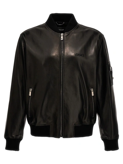 Versace Leather Bomber Jacket In Black