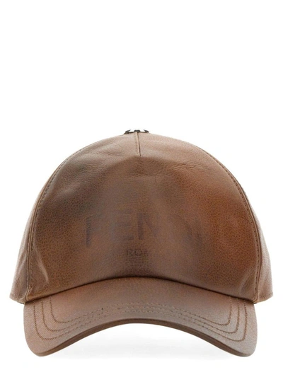 Fendi Logo Embossed Leather Baseball Cap In Marrone