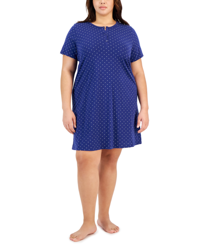 Charter Club Plus Size Cotton Ditsy Floral Henley Sleepshirt, Created For Macy's In Polka Dots