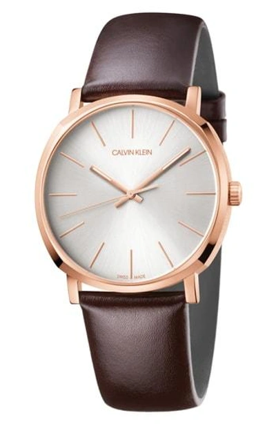 Calvin Klein Posh Leather Band Watch, 40mm In Brown/ Silver/ Rose Gold