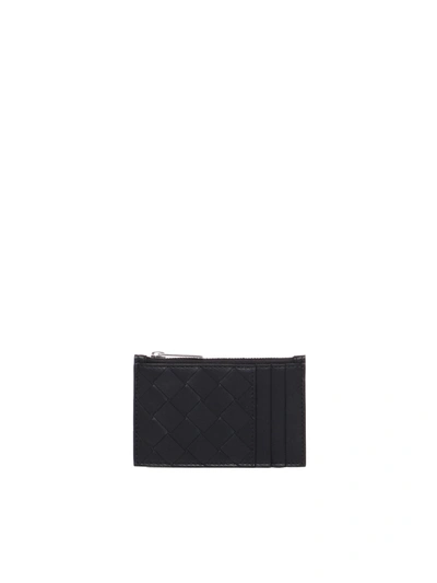 Bottega Veneta Black Leather Card Holder In Black-silver