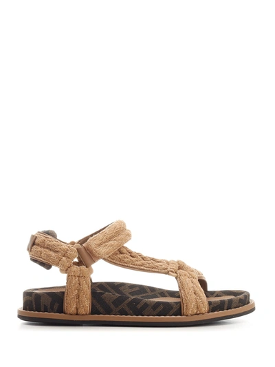Fendi Flat Slides In Woven Fabric In Brown