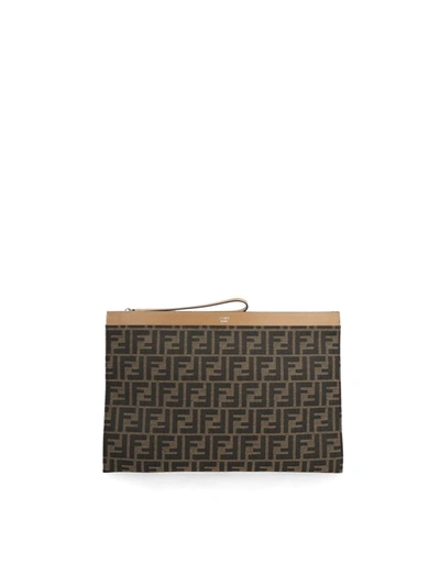 Fendi Embroidered Canvas Large Ff Clutch In Brown