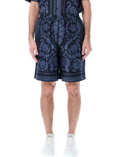 Versace Barocco Silk Shorts In Navy Blue