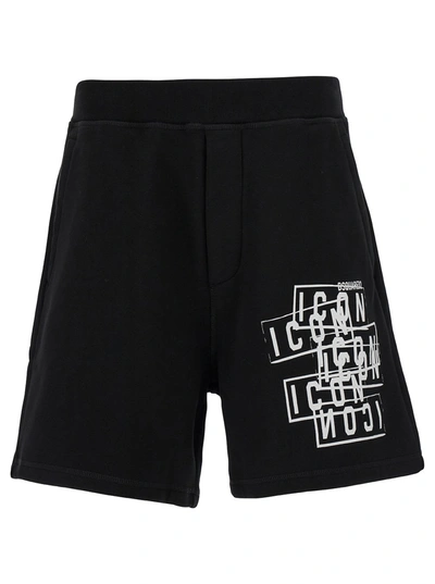 Dsquared2 Black Bermuda Shorts With Icon Logo Print In Cotton Man In Nero