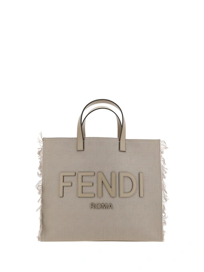 Fendi Ff Tote Bag In Fabric With Fringes In Pietra+palladio