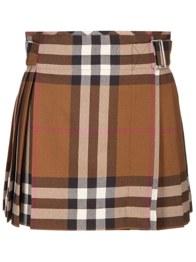 Burberry Pleated Mini Skirt With Tartan Pattern In Brown