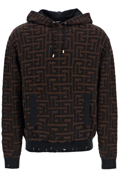 Balmain Hooded Monogram Sweatshirt In Brown
