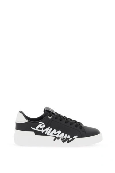 Balmain Leather B-court Sneakers With Logo Print In Noir