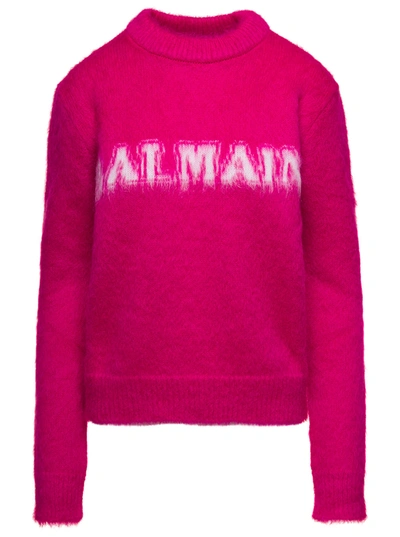 Balmain Brushed Mohair Pullover In Fuchsia/white