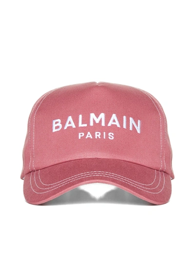 Balmain Logo Embroidery Baseball Cap In Vieux Rose/blanc