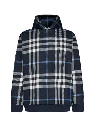 Burberry Blue Hoodie With All-over Vintage Check In Cotton Man In White/dc Blue Ip Chk